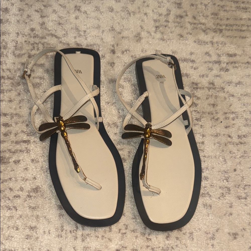 ZARA Cream and Black Dragonfly T-Strap Sandals